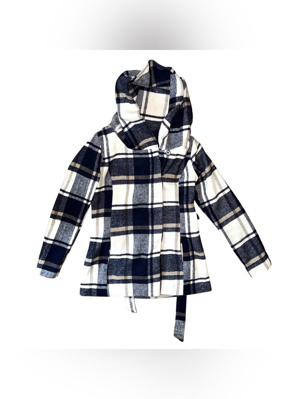 Mossimo Supply Co. Plaid Belted Hooded Peacoat In Cream & Navy